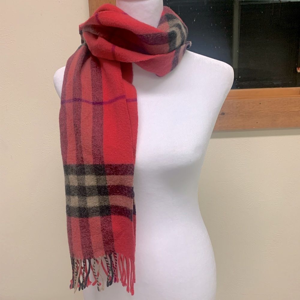 Auth Burberry Coral Pink Plaid Cashmere Scarf Stole Wrap Preloved Ex++